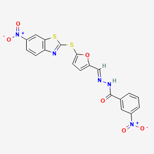 molecular formula C19H11N5O6S2 B11565452 3-nitro-N'-[(E)-{5-[(6-nitro-1,3-benzothiazol-2-yl)sulfanyl]furan-2-yl}methylidene]benzohydrazide 