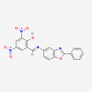 molecular formula C20H12N4O6 B11565593 2,4-Dinitro-6-[(E)-[(2-phenyl-1,3-benzoxazol-5-YL)imino]methyl]phenol 