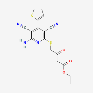 molecular formula C17H14N4O3S2 B11565700 Ethyl 4-{[6-amino-3,5-dicyano-4-(thiophen-2-yl)pyridin-2-yl]sulfanyl}-3-oxobutanoate 