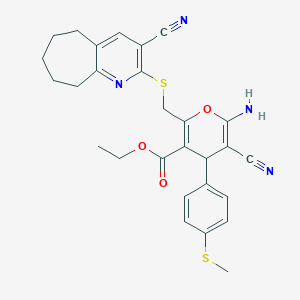 ethyl 6-amino-5-cyano-2-{[(3-cyano-6,7,8,9-tetrahydro-5H-cyclohepta[b]pyridin-2-yl)sulfanyl]methyl}-4-[4-(methylsulfanyl)phenyl]-4H-pyran-3-carboxylate