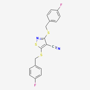 molecular formula C18H12F2N2S3 B11565776 3,5-Bis[(4-fluorobenzyl)sulfanyl]-1,2-thiazole-4-carbonitrile 