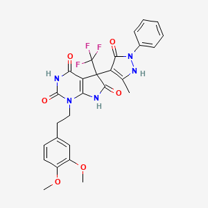 molecular formula C27H24F3N5O6 B11566127 1-[2-(3,4-dimethoxyphenyl)ethyl]-4-hydroxy-5-(5-methyl-3-oxo-2-phenyl-2,3-dihydro-1H-pyrazol-4-yl)-5-(trifluoromethyl)-5,7-dihydro-1H-pyrrolo[2,3-d]pyrimidine-2,6-dione 