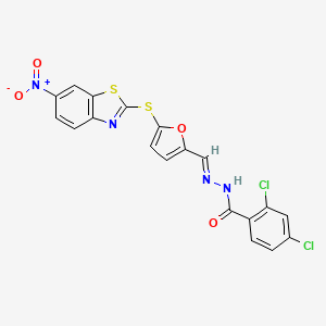 molecular formula C19H10Cl2N4O4S2 B11566309 2,4-dichloro-N'-[(E)-{5-[(6-nitro-1,3-benzothiazol-2-yl)sulfanyl]furan-2-yl}methylidene]benzohydrazide 