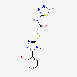 molecular formula C15H16N6O2S2 B11566377 2-{[4-ethyl-5-(2-hydroxyphenyl)-4H-1,2,4-triazol-3-yl]sulfanyl}-N-(5-methyl-1,3,4-thiadiazol-2-yl)acetamide 