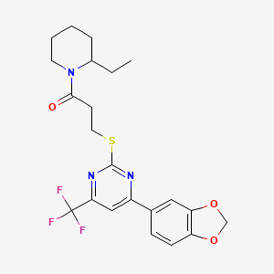 3-{[4-(1,3-Benzodioxol-5-yl)-6-(trifluoromethyl)pyrimidin-2-yl]sulfanyl}-1-(2-ethylpiperidin-1-yl)propan-1-one