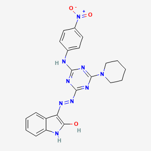 molecular formula C22H21N9O3 B11566574 (3Z)-3-(2-{4-[(4-nitrophenyl)amino]-6-(piperidin-1-yl)-1,3,5-triazin-2-yl}hydrazinylidene)-1,3-dihydro-2H-indol-2-one 