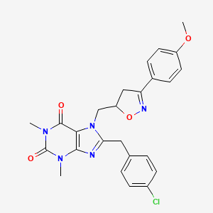 molecular formula C25H24ClN5O4 B11566639 8-(4-chlorobenzyl)-7-{[3-(4-methoxyphenyl)-4,5-dihydro-1,2-oxazol-5-yl]methyl}-1,3-dimethyl-3,7-dihydro-1H-purine-2,6-dione 