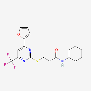 molecular formula C18H20F3N3O2S B11566655 N-cyclohexyl-3-{[4-(furan-2-yl)-6-(trifluoromethyl)pyrimidin-2-yl]sulfanyl}propanamide 