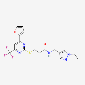 molecular formula C18H18F3N5O2S B11566745 N-[(1-ethyl-1H-pyrazol-4-yl)methyl]-3-{[4-(furan-2-yl)-6-(trifluoromethyl)pyrimidin-2-yl]sulfanyl}propanamide 