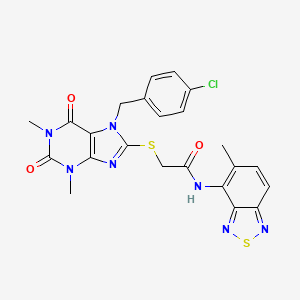 molecular formula C23H20ClN7O3S2 B11566945 2-{[7-(4-chlorobenzyl)-1,3-dimethyl-2,6-dioxo-2,3,6,7-tetrahydro-1H-purin-8-yl]sulfanyl}-N-(5-methyl-2,1,3-benzothiadiazol-4-yl)acetamide 