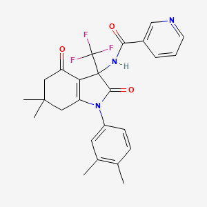 molecular formula C25H24F3N3O3 B11566976 N-[1-(3,4-dimethylphenyl)-6,6-dimethyl-2,4-dioxo-3-(trifluoromethyl)-2,3,4,5,6,7-hexahydro-1H-indol-3-yl]pyridine-3-carboxamide 