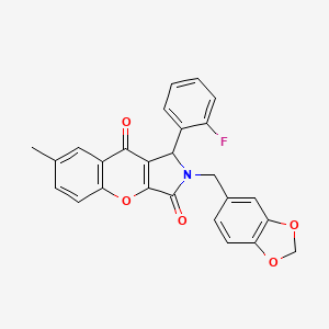 molecular formula C26H18FNO5 B11566984 2-(1,3-Benzodioxol-5-ylmethyl)-1-(2-fluorophenyl)-7-methyl-1,2-dihydrochromeno[2,3-c]pyrrole-3,9-dione 