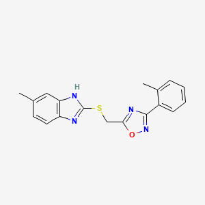 molecular formula C18H16N4OS B11566985 5-methyl-2-({[3-(2-methylphenyl)-1,2,4-oxadiazol-5-yl]methyl}sulfanyl)-1H-benzimidazole 