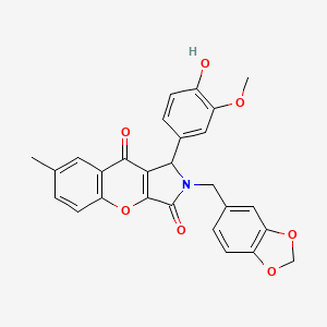 molecular formula C27H21NO7 B11567001 2-(1,3-Benzodioxol-5-ylmethyl)-1-(4-hydroxy-3-methoxyphenyl)-7-methyl-1,2-dihydrochromeno[2,3-c]pyrrole-3,9-dione 