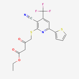 molecular formula C17H13F3N2O3S2 B11567011 Ethyl 4-{[3-cyano-6-(thiophen-2-yl)-4-(trifluoromethyl)pyridin-2-yl]sulfanyl}-3-oxobutanoate 