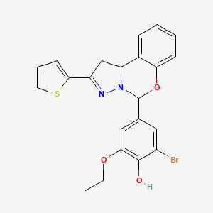 molecular formula C22H19BrN2O3S B11567085 2-Bromo-6-ethoxy-4-[2-(thiophen-2-yl)-1,10b-dihydropyrazolo[1,5-c][1,3]benzoxazin-5-yl]phenol 