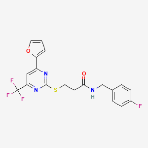 molecular formula C19H15F4N3O2S B11567327 N-(4-fluorobenzyl)-3-{[4-(furan-2-yl)-6-(trifluoromethyl)pyrimidin-2-yl]sulfanyl}propanamide 