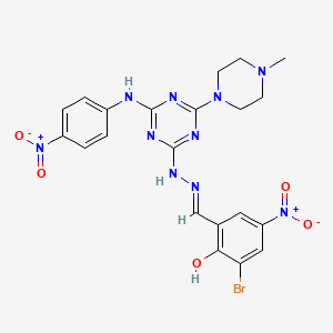 molecular formula C21H21BrN10O5 B11567650 2-bromo-6-[(E)-(2-{4-(4-methylpiperazin-1-yl)-6-[(4-nitrophenyl)amino]-1,3,5-triazin-2-yl}hydrazinylidene)methyl]-4-nitrophenol 