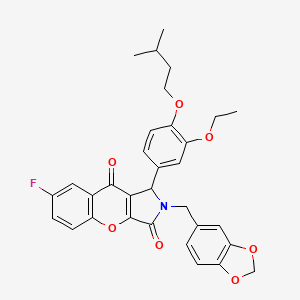 molecular formula C32H30FNO7 B11567736 2-(1,3-Benzodioxol-5-ylmethyl)-1-[3-ethoxy-4-(3-methylbutoxy)phenyl]-7-fluoro-1,2-dihydrochromeno[2,3-c]pyrrole-3,9-dione 