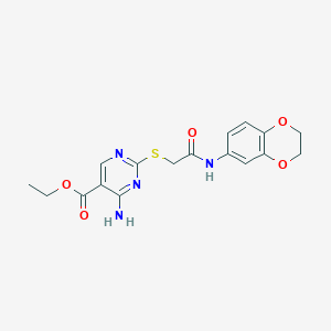 molecular formula C17H18N4O5S B11567992 Ethyl 4-amino-2-{[2-(2,3-dihydro-1,4-benzodioxin-6-ylamino)-2-oxoethyl]sulfanyl}pyrimidine-5-carboxylate 