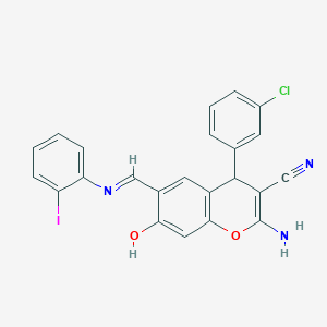 molecular formula C23H15ClIN3O2 B11568000 2-Amino-4-(3-chlorophenyl)-7-hydroxy-6-[(E)-[(2-iodophenyl)imino]methyl]-4H-chromene-3-carbonitrile 