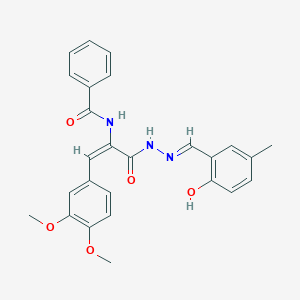 molecular formula C26H25N3O5 B11568070 N-{(1E)-1-(3,4-dimethoxyphenyl)-3-[(2E)-2-(2-hydroxy-5-methylbenzylidene)hydrazinyl]-3-oxoprop-1-en-2-yl}benzamide 