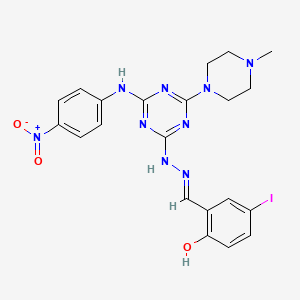 4-iodo-2-[(E)-(2-{4-(4-methylpiperazin-1-yl)-6-[(4-nitrophenyl)amino]-1,3,5-triazin-2-yl}hydrazinylidene)methyl]phenol