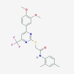 molecular formula C23H22F3N3O3S B11568352 2-{[4-(3,4-dimethoxyphenyl)-6-(trifluoromethyl)pyrimidin-2-yl]sulfanyl}-N-(2,4-dimethylphenyl)acetamide 