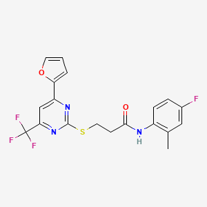 molecular formula C19H15F4N3O2S B11568363 N-(4-fluoro-2-methylphenyl)-3-{[4-(furan-2-yl)-6-(trifluoromethyl)pyrimidin-2-yl]sulfanyl}propanamide 