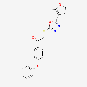 molecular formula C21H16N2O4S B11568406 2-{[5-(2-Methylfuran-3-yl)-1,3,4-oxadiazol-2-yl]sulfanyl}-1-(4-phenoxyphenyl)ethanone 