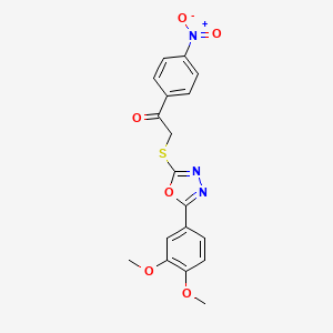 molecular formula C18H15N3O6S B11568695 2-{[5-(3,4-Dimethoxyphenyl)-1,3,4-oxadiazol-2-yl]sulfanyl}-1-(4-nitrophenyl)ethanone 