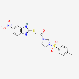 molecular formula C19H19N5O5S2 B11568725 1-{3-[(4-methylphenyl)sulfonyl]imidazolidin-1-yl}-2-[(5-nitro-1H-benzimidazol-2-yl)sulfanyl]ethanone 