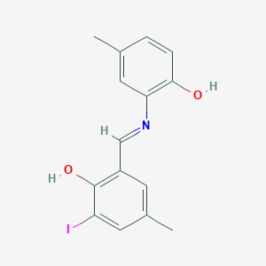 molecular formula C15H14INO2 B11568958 2-[(E)-[(2-Hydroxy-5-methylphenyl)imino]methyl]-6-iodo-4-methylphenol 