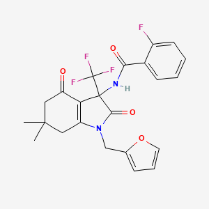 molecular formula C23H20F4N2O4 B11569259 2-fluoro-N-[1-(furan-2-ylmethyl)-6,6-dimethyl-2,4-dioxo-3-(trifluoromethyl)-2,3,4,5,6,7-hexahydro-1H-indol-3-yl]benzamide 