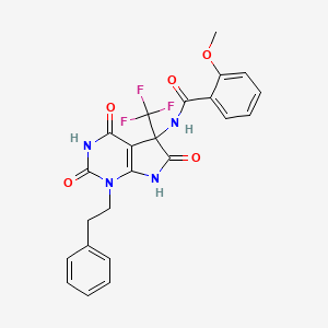 molecular formula C23H19F3N4O5 B11569403 N-[4-hydroxy-2,6-dioxo-1-(2-phenylethyl)-5-(trifluoromethyl)-2,5,6,7-tetrahydro-1H-pyrrolo[2,3-d]pyrimidin-5-yl]-2-methoxybenzamide 