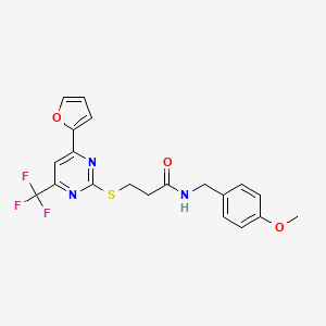 molecular formula C20H18F3N3O3S B11569634 3-{[4-(furan-2-yl)-6-(trifluoromethyl)pyrimidin-2-yl]sulfanyl}-N-(4-methoxybenzyl)propanamide 