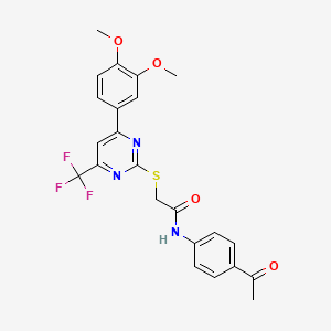 molecular formula C23H20F3N3O4S B11569803 N-(4-acetylphenyl)-2-{[4-(3,4-dimethoxyphenyl)-6-(trifluoromethyl)pyrimidin-2-yl]sulfanyl}acetamide 