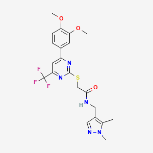 molecular formula C21H22F3N5O3S B11569972 2-[4-(3,4-Dimethoxy-phenyl)-6-trifluoromethyl-pyrimidin-2-ylsulfanyl]-N-(1,5-dimethyl-1H-pyrazol-4-ylmethyl)-acetamide 