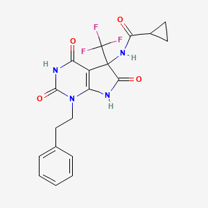 molecular formula C19H17F3N4O4 B11570148 N-[4-hydroxy-2,6-dioxo-1-(2-phenylethyl)-5-(trifluoromethyl)-2,5,6,7-tetrahydro-1H-pyrrolo[2,3-d]pyrimidin-5-yl]cyclopropanecarboxamide 