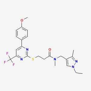 molecular formula C23H26F3N5O2S B11570286 N-[(1-ethyl-3-methyl-1H-pyrazol-4-yl)methyl]-3-{[4-(4-methoxyphenyl)-6-(trifluoromethyl)pyrimidin-2-yl]sulfanyl}-N-methylpropanamide 