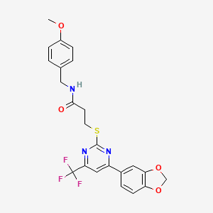 molecular formula C23H20F3N3O4S B11570492 3-(4-Benzo[1,3]dioxol-5-yl-6-trifluoromethyl-pyrimidin-2-ylsulfanyl)-N-(4-methoxy-benzyl)-propionamide 