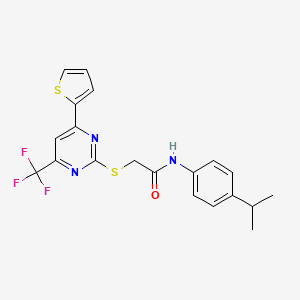 molecular formula C20H18F3N3OS2 B11570710 N-[4-(propan-2-yl)phenyl]-2-{[4-(thiophen-2-yl)-6-(trifluoromethyl)pyrimidin-2-yl]sulfanyl}acetamide 