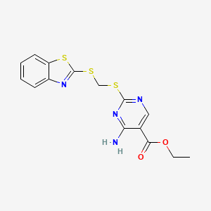 molecular formula C15H14N4O2S3 B11570972 Ethyl 4-amino-2-(benzothiazol-2-ylthiomethylthio)pyrimidine-5-carboxylate 