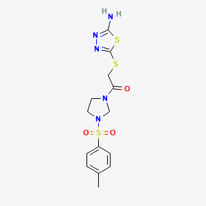 molecular formula C14H17N5O3S3 B11570993 2-[(5-Amino-1,3,4-thiadiazol-2-yl)sulfanyl]-1-{3-[(4-methylphenyl)sulfonyl]imidazolidin-1-yl}ethanone 