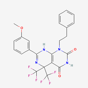 molecular formula C23H18F6N4O3 B11571078 4-hydroxy-7-(3-methoxyphenyl)-1-(2-phenylethyl)-5,5-bis(trifluoromethyl)-5,8-dihydropyrimido[4,5-d]pyrimidin-2(1H)-one 