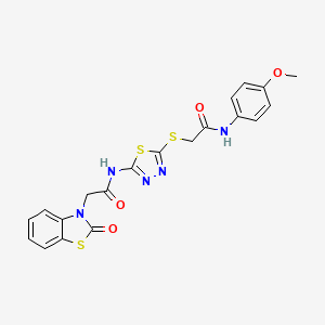 molecular formula C20H17N5O4S3 B11571346 N-[5-({2-[(4-methoxyphenyl)amino]-2-oxoethyl}sulfanyl)-1,3,4-thiadiazol-2-yl]-2-(2-oxo-1,3-benzothiazol-3(2H)-yl)acetamide 