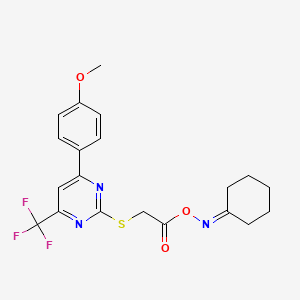 molecular formula C20H20F3N3O3S B11571451 1-[(Cyclohexylideneamino)oxy]-2-{[4-(4-methoxyphenyl)-6-(trifluoromethyl)pyrimidin-2-yl]sulfanyl}ethanone 