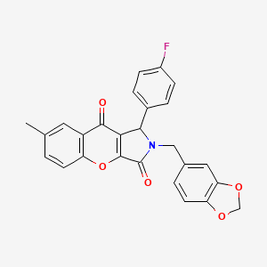 molecular formula C26H18FNO5 B11571692 2-(1,3-Benzodioxol-5-ylmethyl)-1-(4-fluorophenyl)-7-methyl-1,2-dihydrochromeno[2,3-c]pyrrole-3,9-dione 