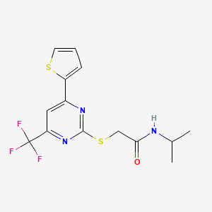 molecular formula C14H14F3N3OS2 B11571809 N-(propan-2-yl)-2-{[4-(thiophen-2-yl)-6-(trifluoromethyl)pyrimidin-2-yl]sulfanyl}acetamide 