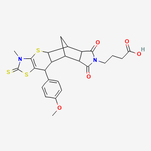 4-[9-(4-methoxyphenyl)-5-methyl-13,15-dioxo-6-sulfanylidene-3,7-dithia-5,14-diazapentacyclo[9.5.1.02,10.04,8.012,16]heptadec-4(8)-en-14-yl]butanoic acid